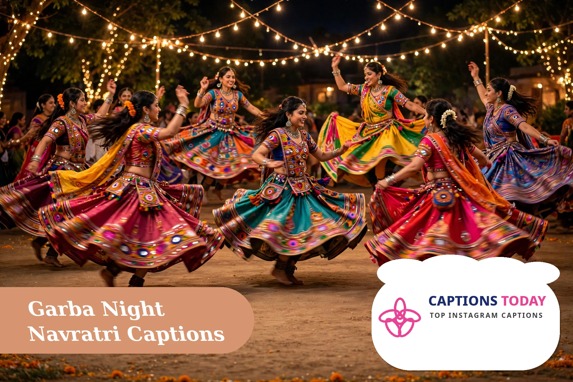 Best navratri captions for instagram with a girl in traditional chaniya choli dancing garba at night
