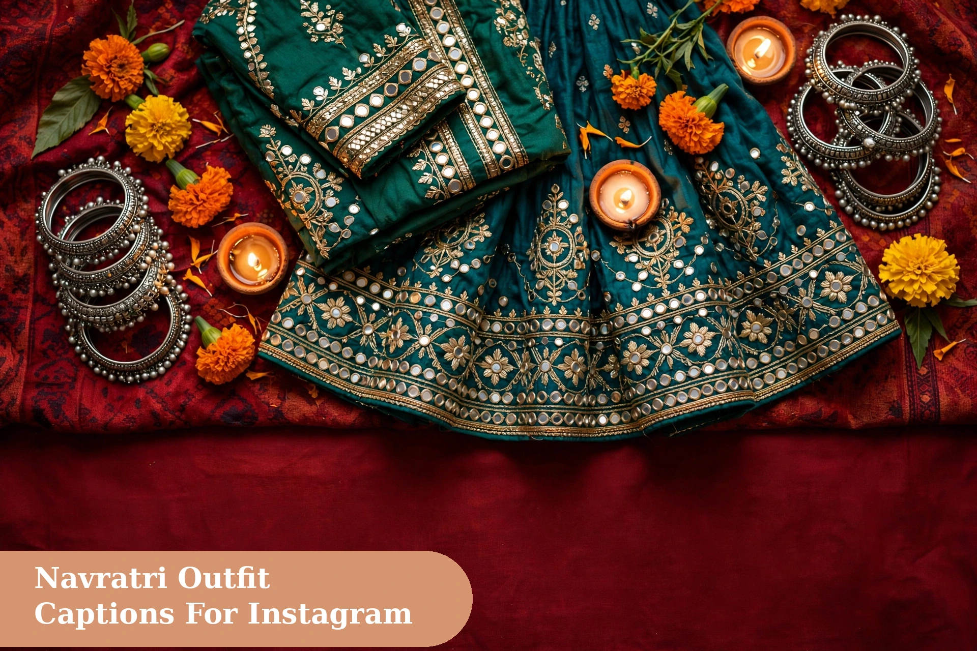 Navratri outfit captions for instagram with traditional lehenga chaniya choli and festive jewelry