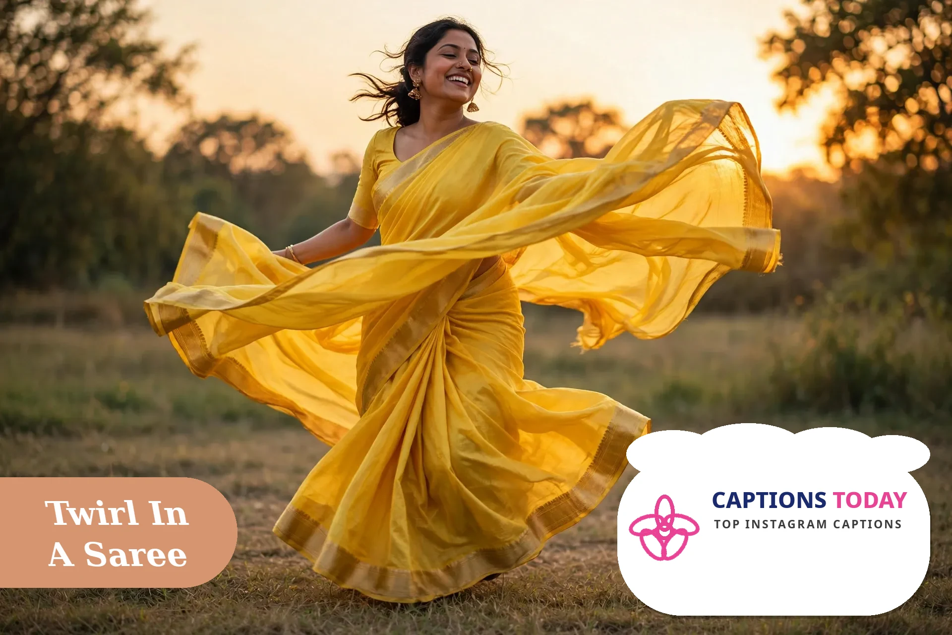 Playful twirl in a bright printed saree with funny saree captions for instagram