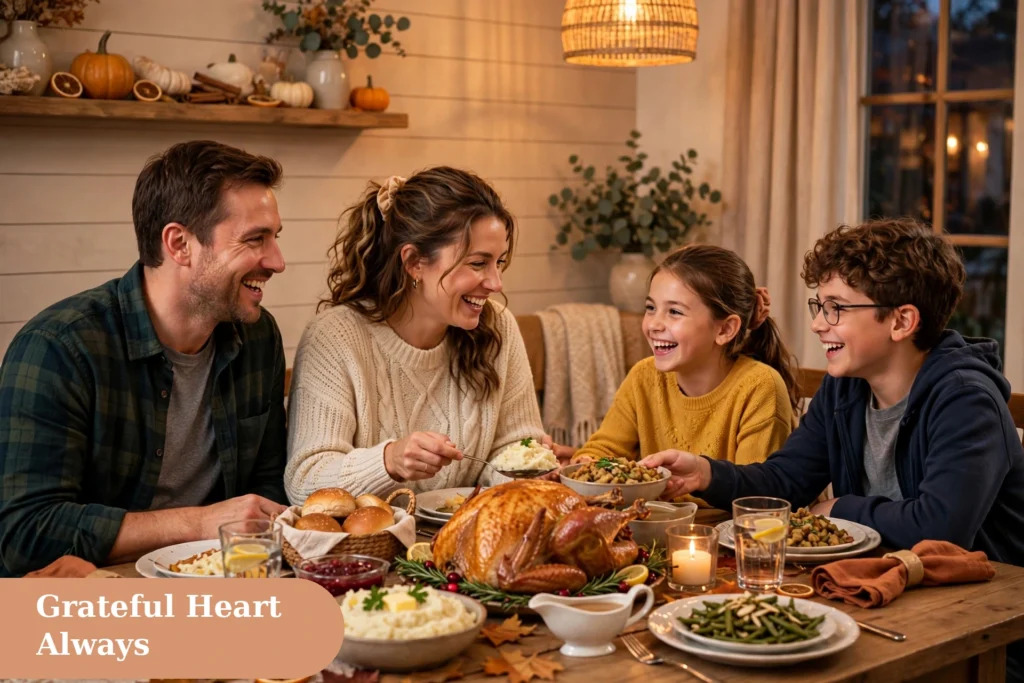 Grateful thanksgiving captions for instagram with a cozy autumn table setting and falling leaves