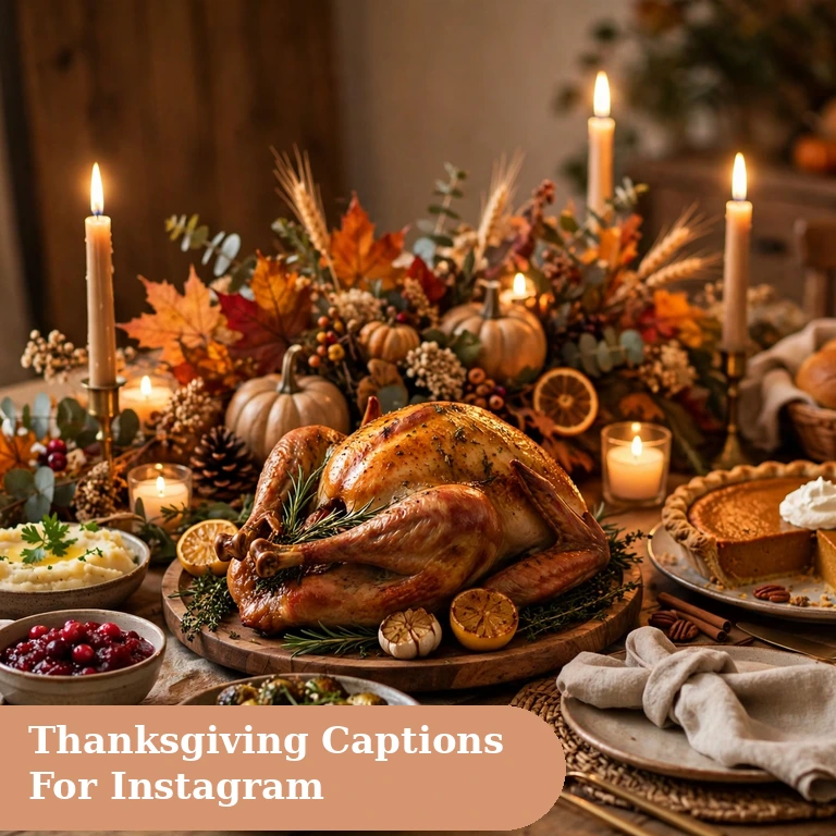 Thanksgiving captions for instagram featured image with a roasted turkey dinner table and fall centerpiece