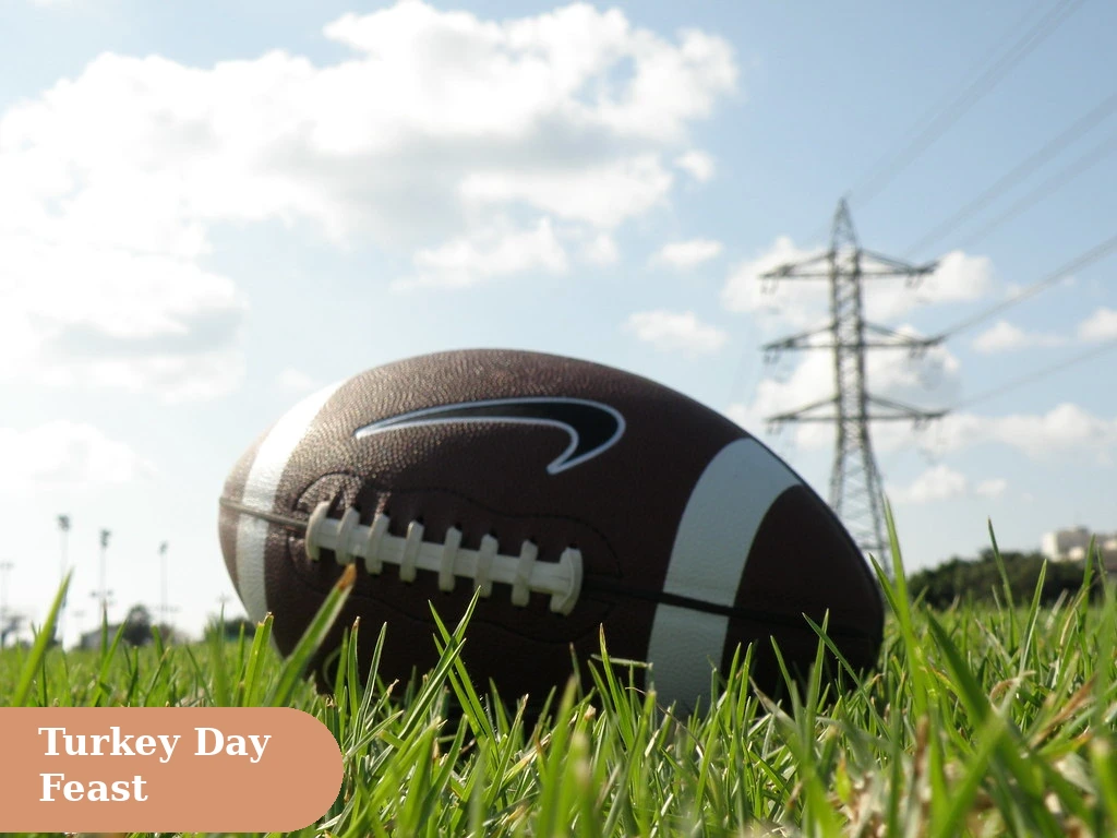 Turkey day thanksgiving captions for instagram with an american football on green grass