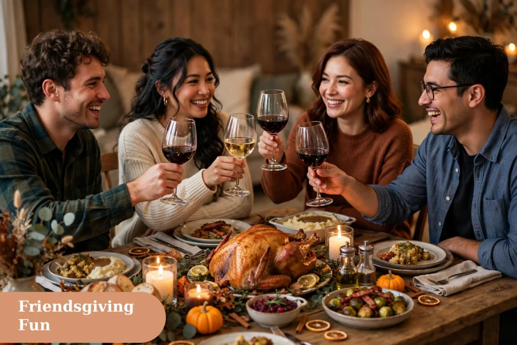 Friendsgiving thanksgiving captions for instagram with friends toasting around a festive dinner table