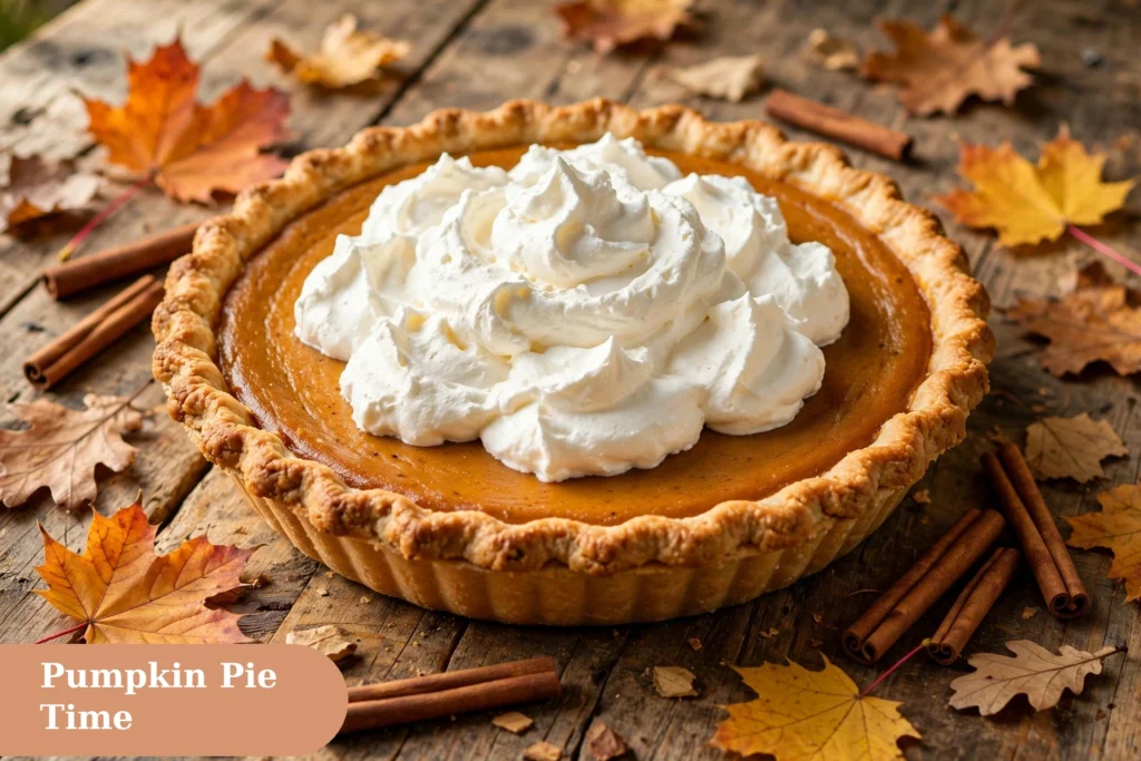 Pumpkin pie thanksgiving captions for instagram with a slice of pie and warm holiday dessert table