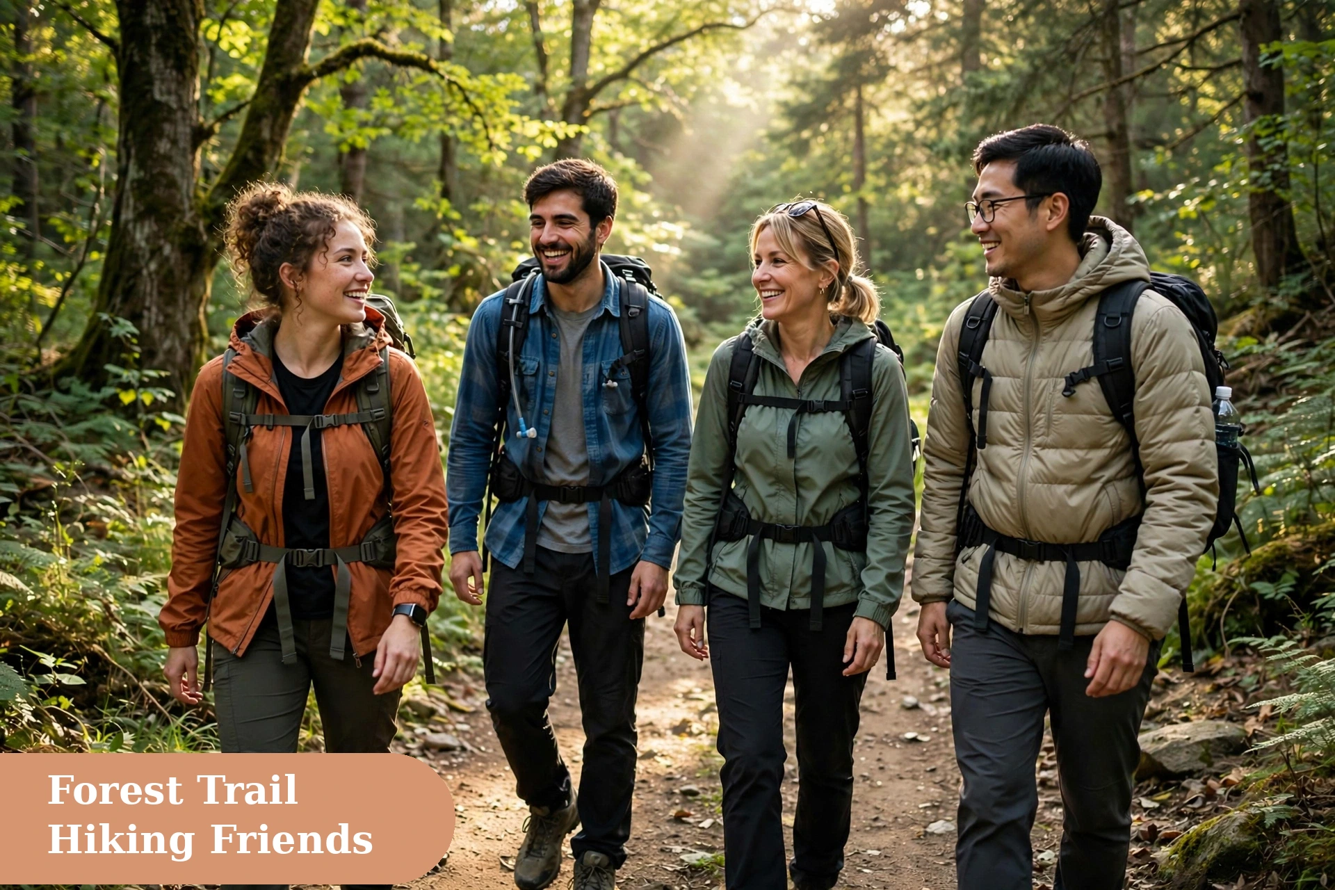 Adventure captions for instagram with friends hiking a forest trail with backpacks