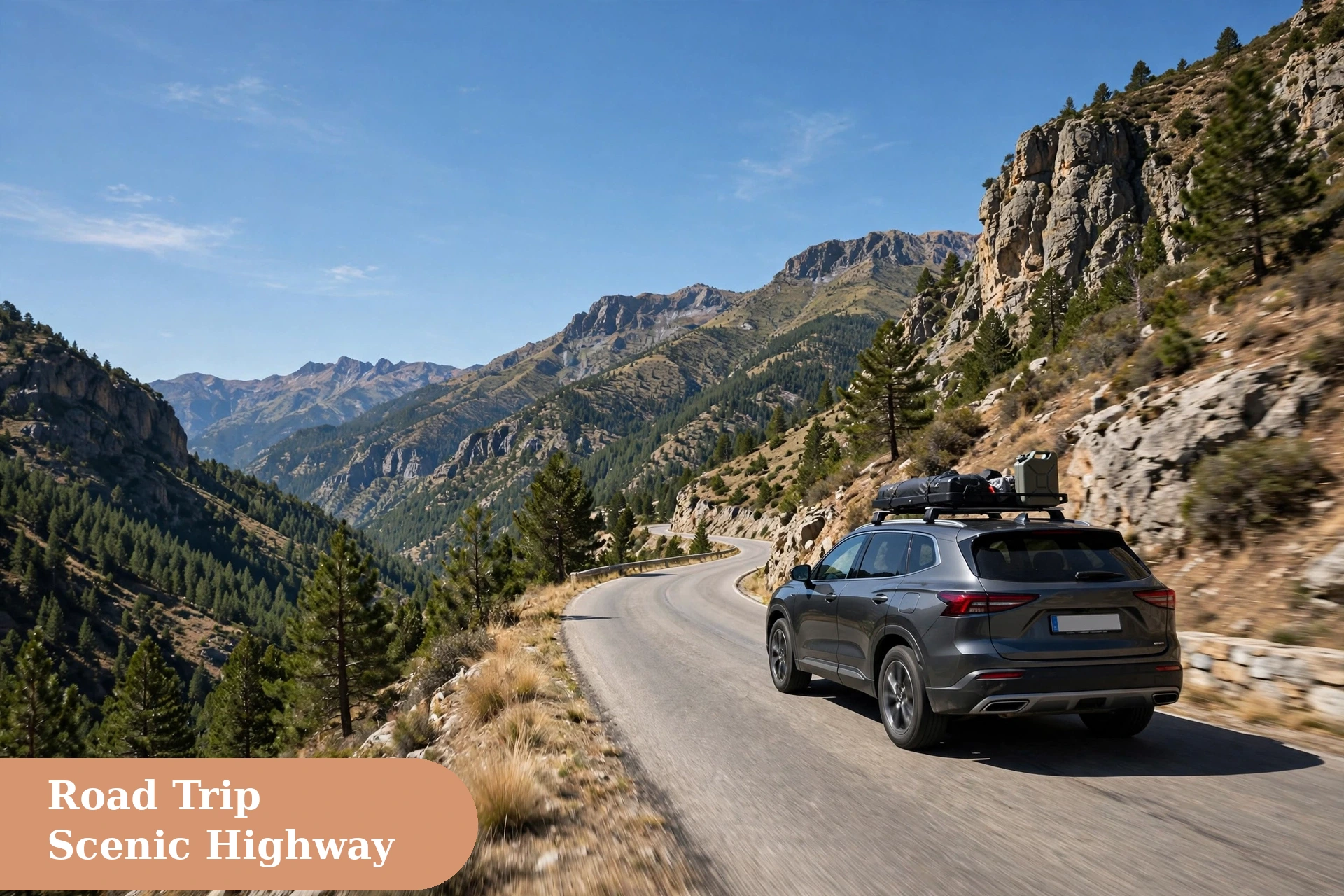 Adventure captions for instagram with a road trip car on a scenic highway