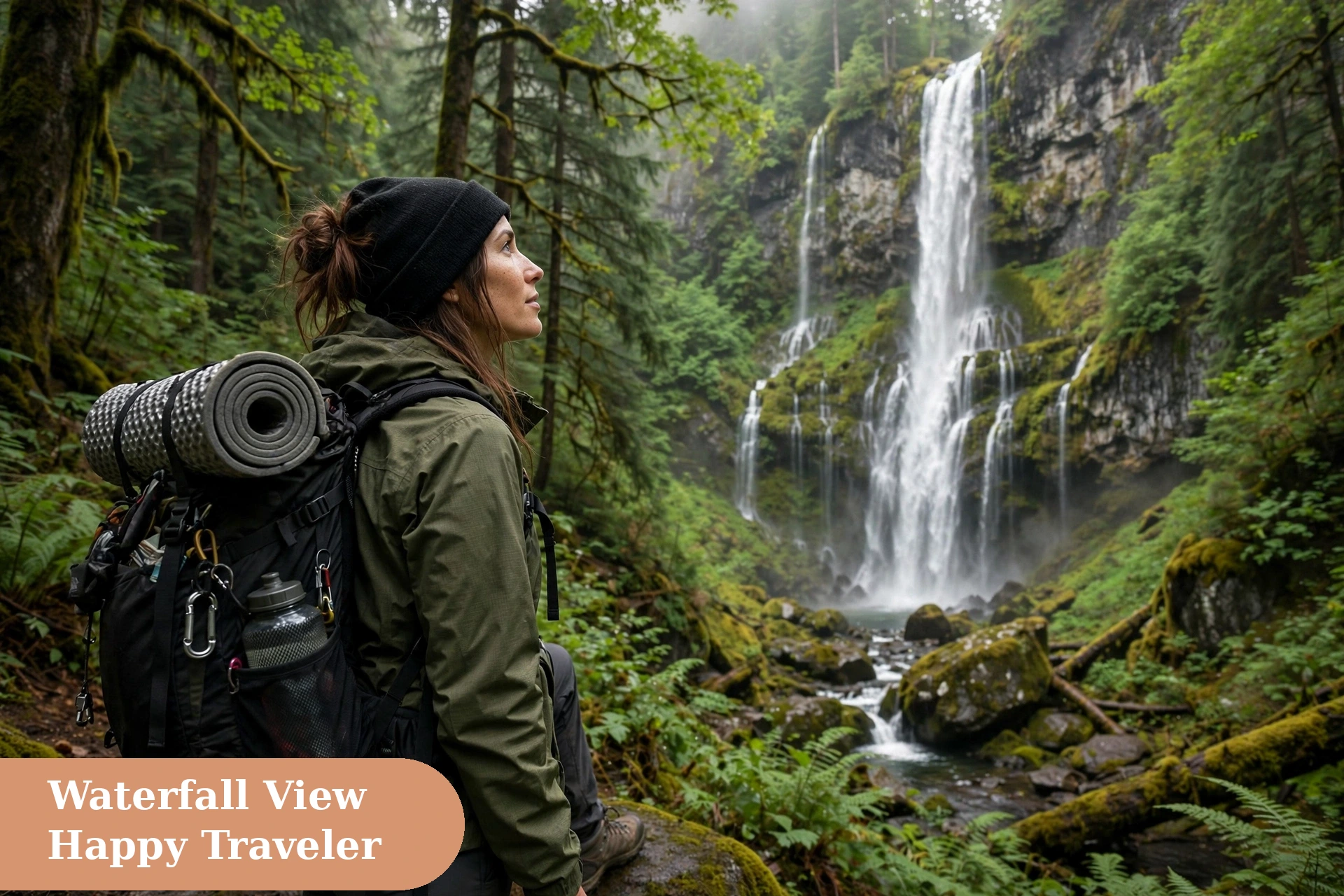 Adventure captions for instagram with a traveler looking at a waterfall