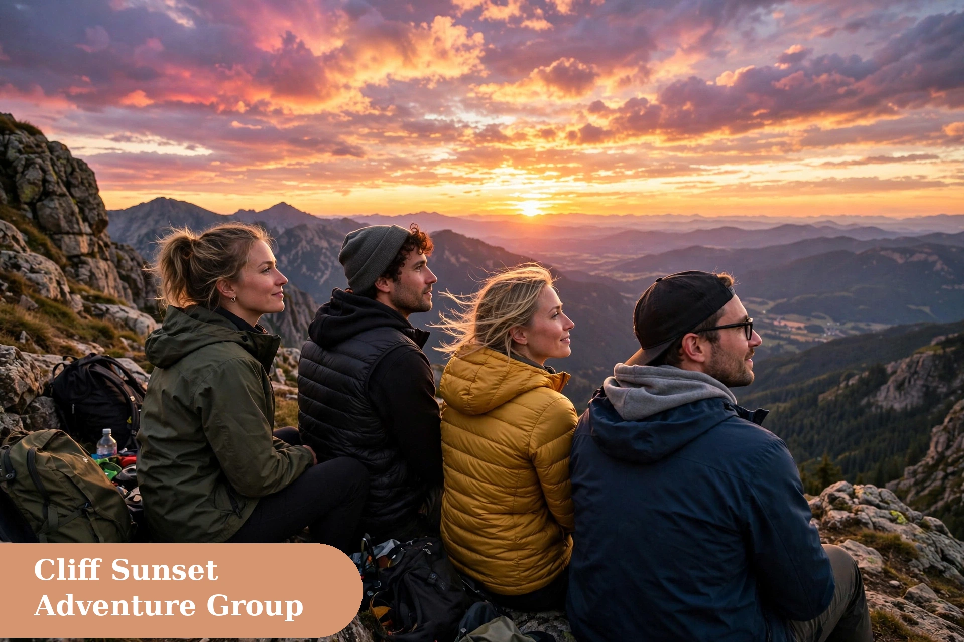 Adventure captions for instagram with a group watching sunset from a cliff