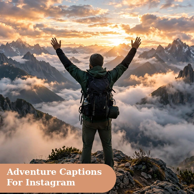 Adventure captions for instagram featured image with a hiker on a mountain summit at sunrise