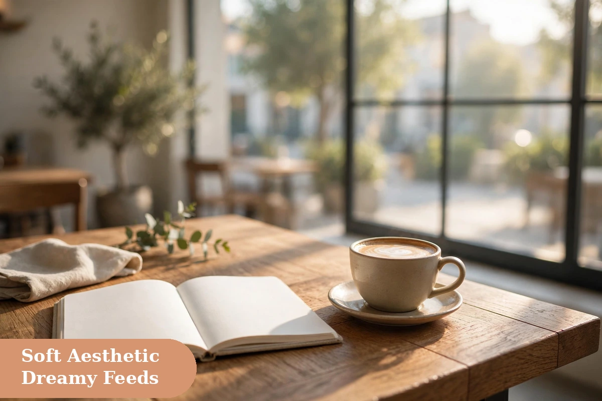 Aesthetic captions for instagram with dreamy cafe window light and a coffee cup flat lay
