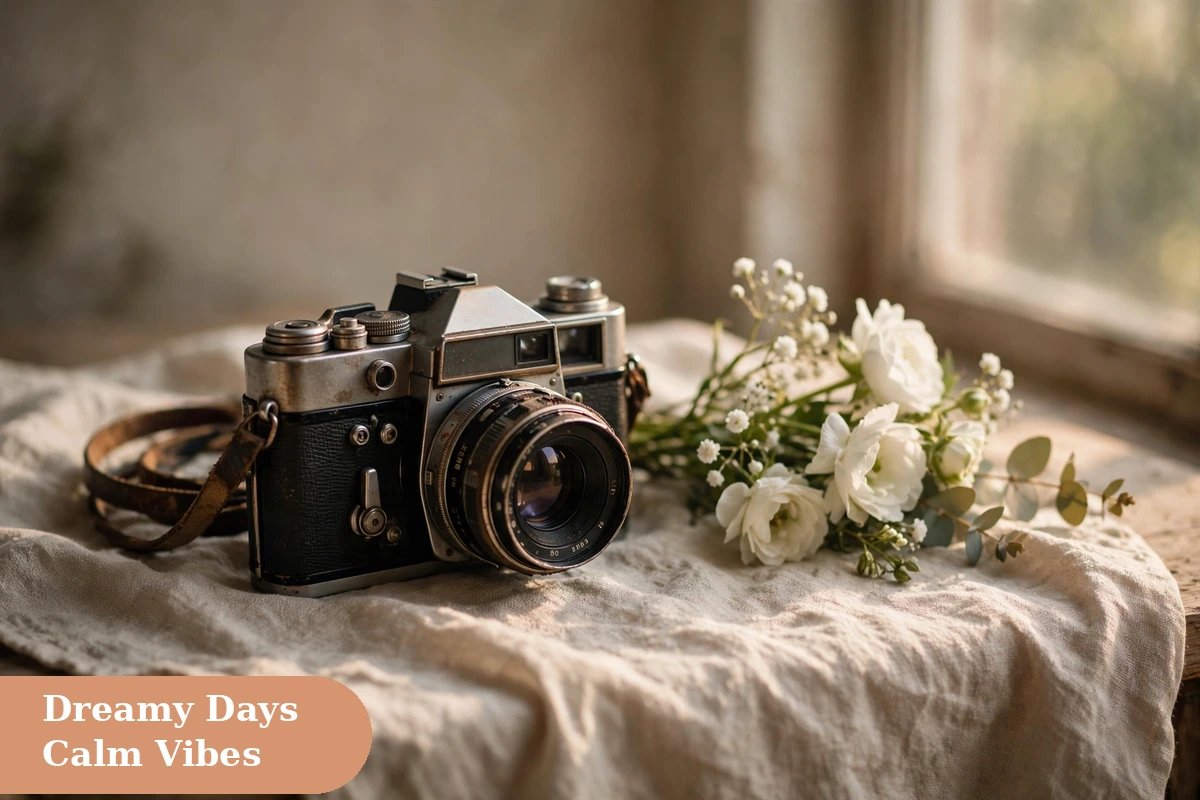Aesthetic captions for instagram with vintage film camera and flowers on linen cloth
