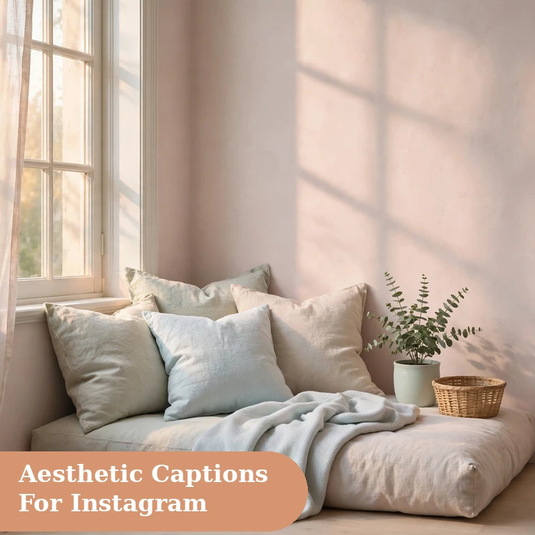 Aesthetic captions for instagram featured image with soft pastel room and warm natural light
