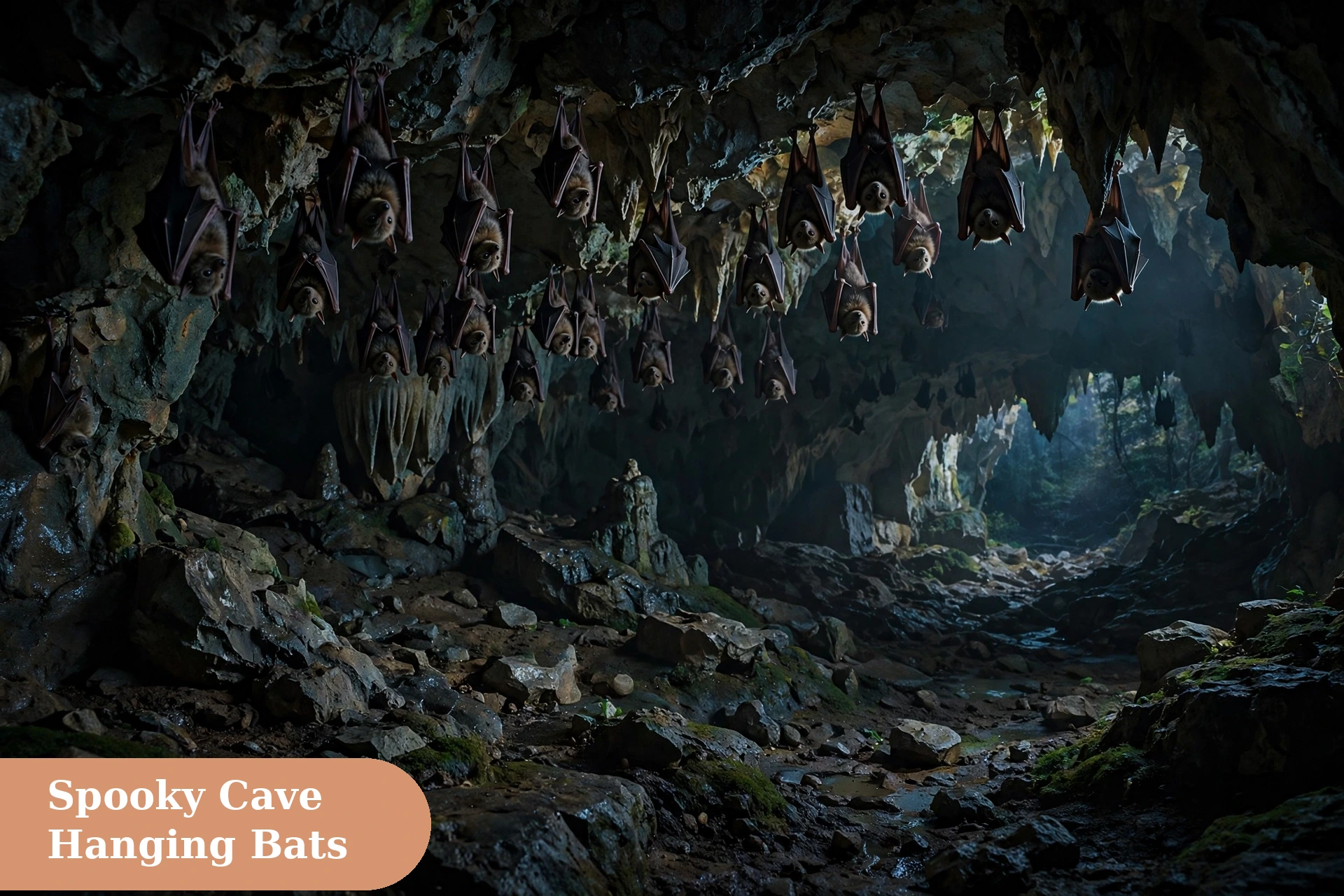 Bat captions for instagram with a spooky cave scene and hanging bats