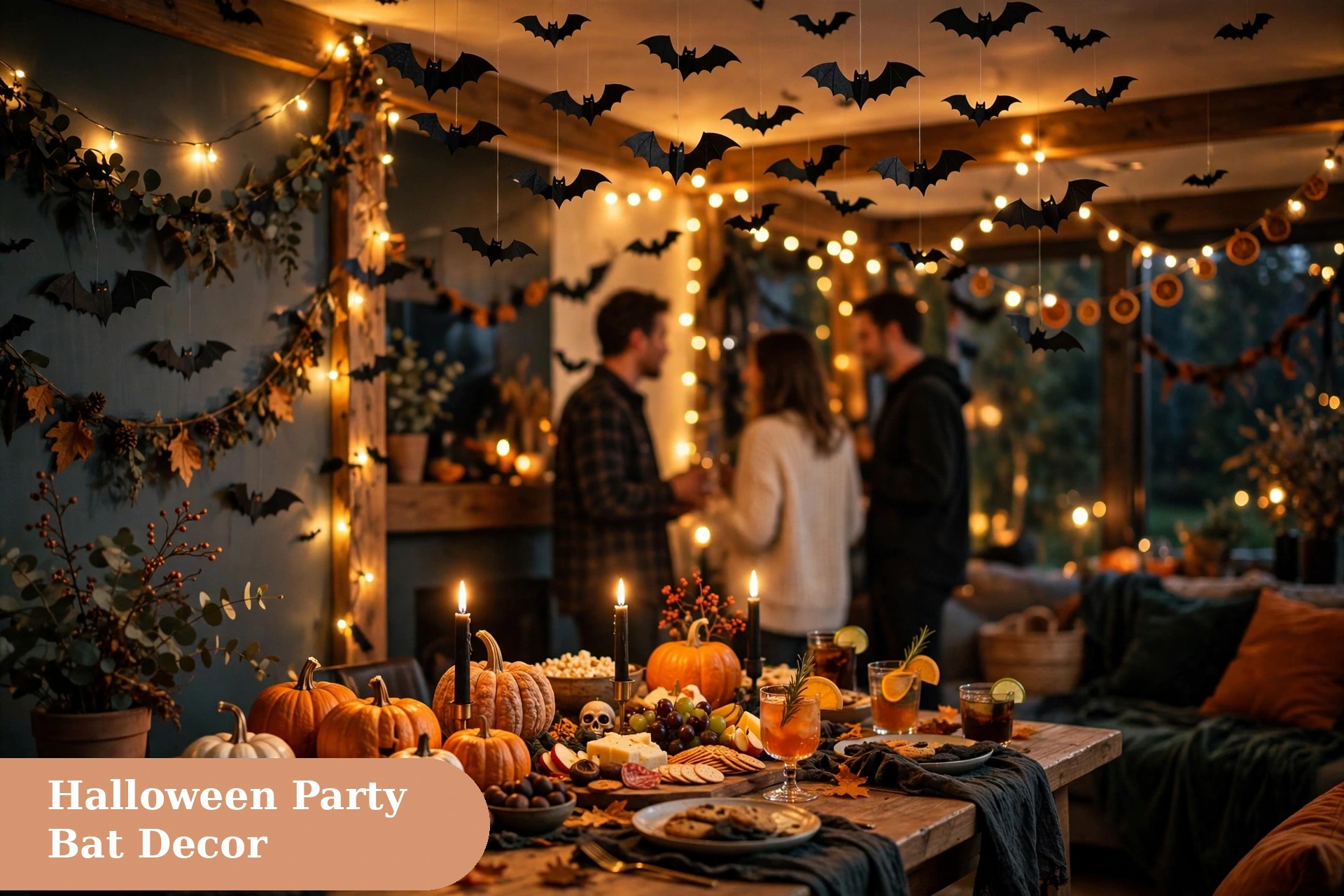 Bat captions for instagram with a Halloween party scene and bat decorations