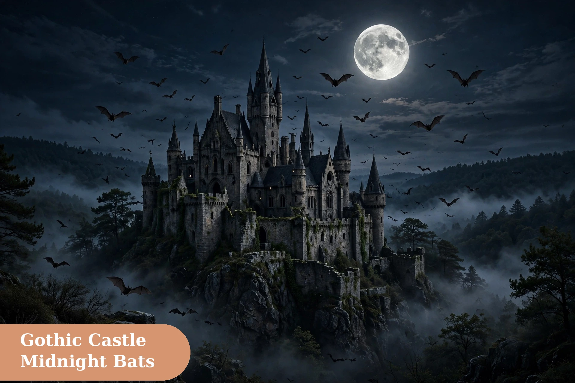 Bat captions for instagram with a gothic castle scene and bats at midnight