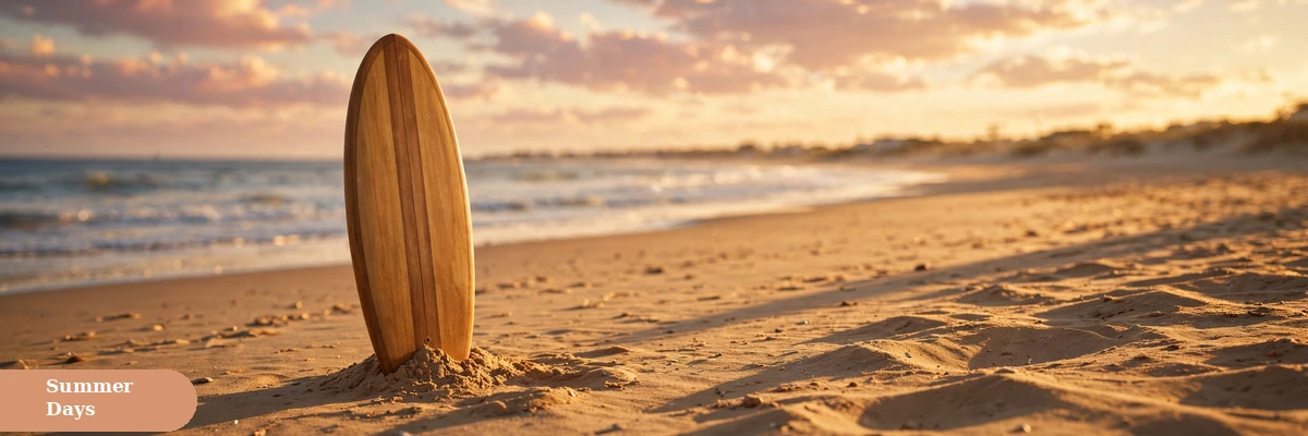 beach captions for instagram with a surfboard standing upright in golden sand at sunset