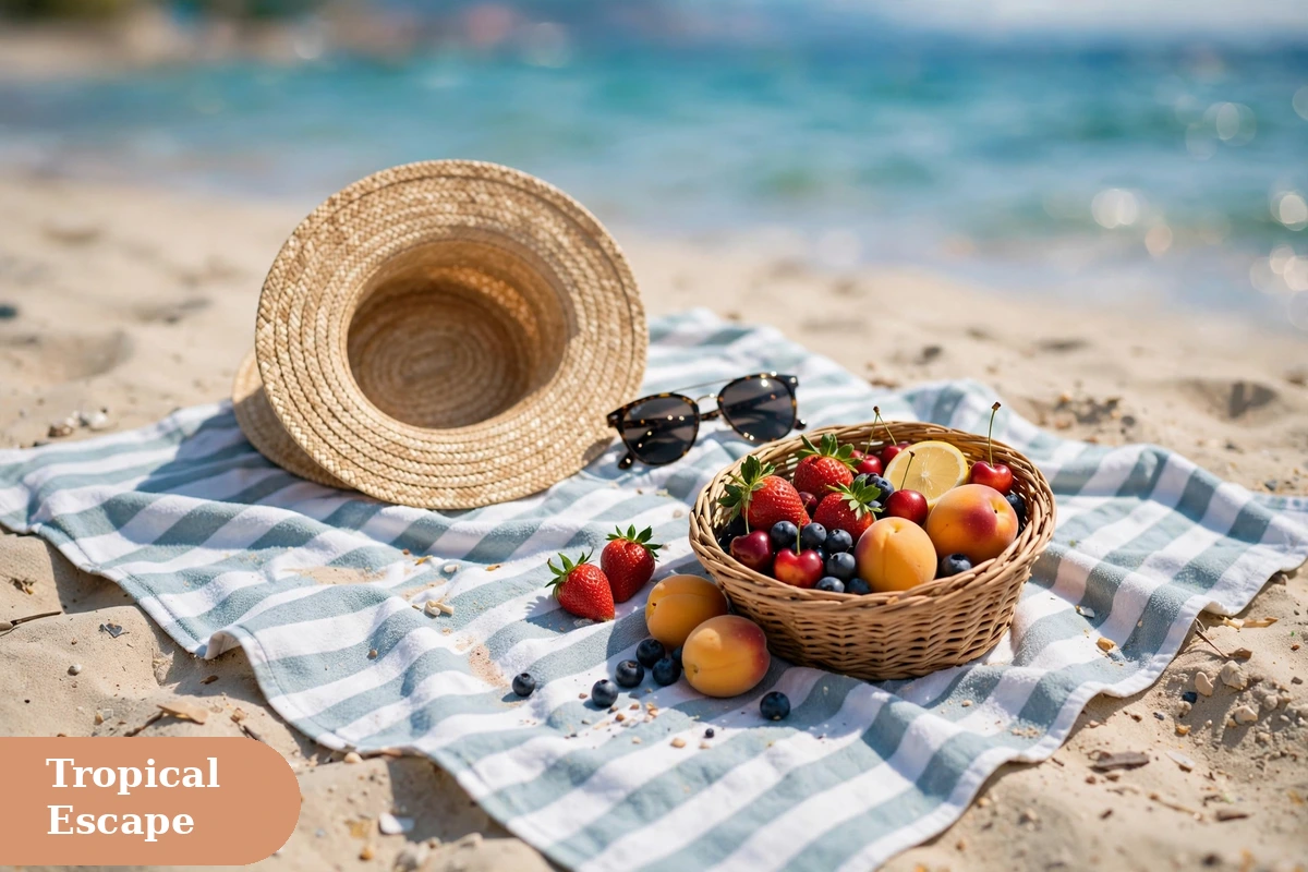 beach captions for instagram with a beach picnic setup with straw hat and sunglasses on a towel