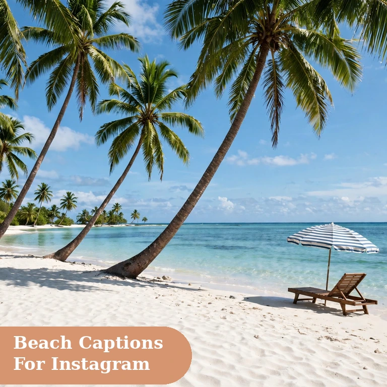 beach captions for instagram featured image of a tropical beach paradise with palm trees and turquoise water