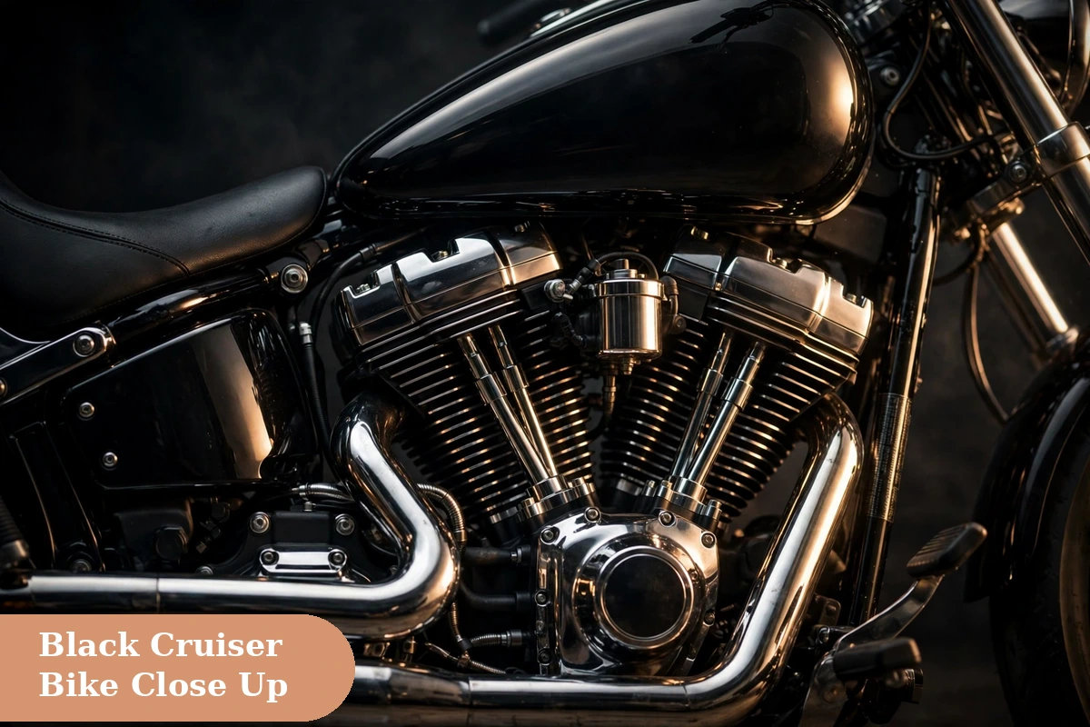 bike captions for instagram with close up of a black cruiser motorcycle with chrome details