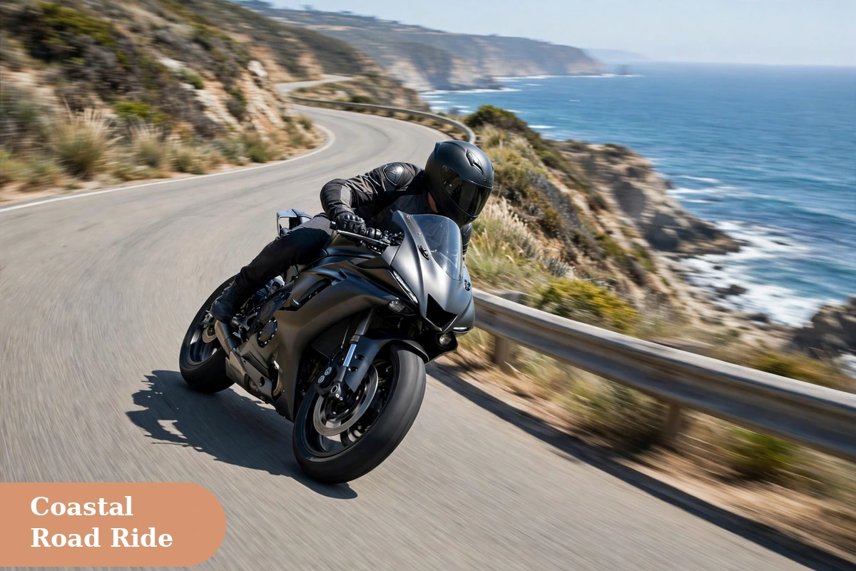 bike captions for instagram with a rider leaning into a curve on a coastal highway