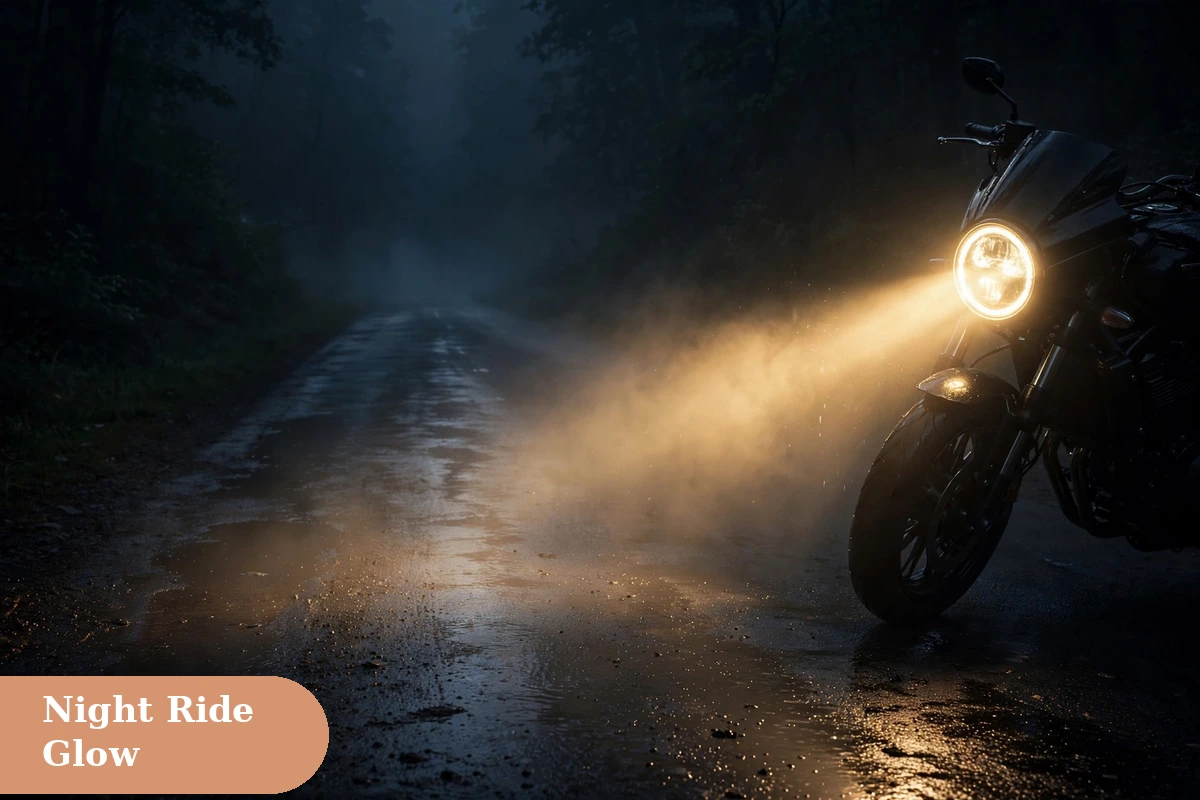 bike captions for instagram with a motorcycle headlight glowing on a dark night road