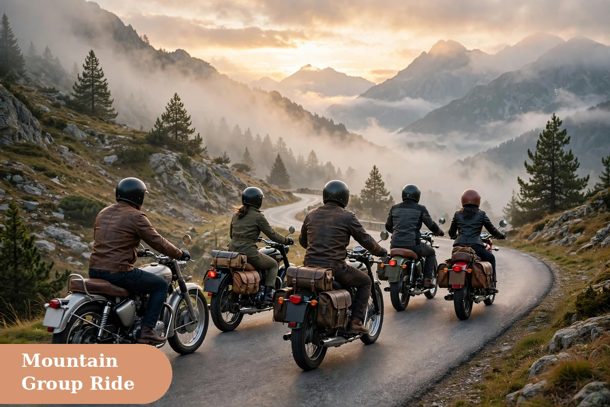 bike captions for instagram with a group of riders on classic bikes on a mountain road at dawn