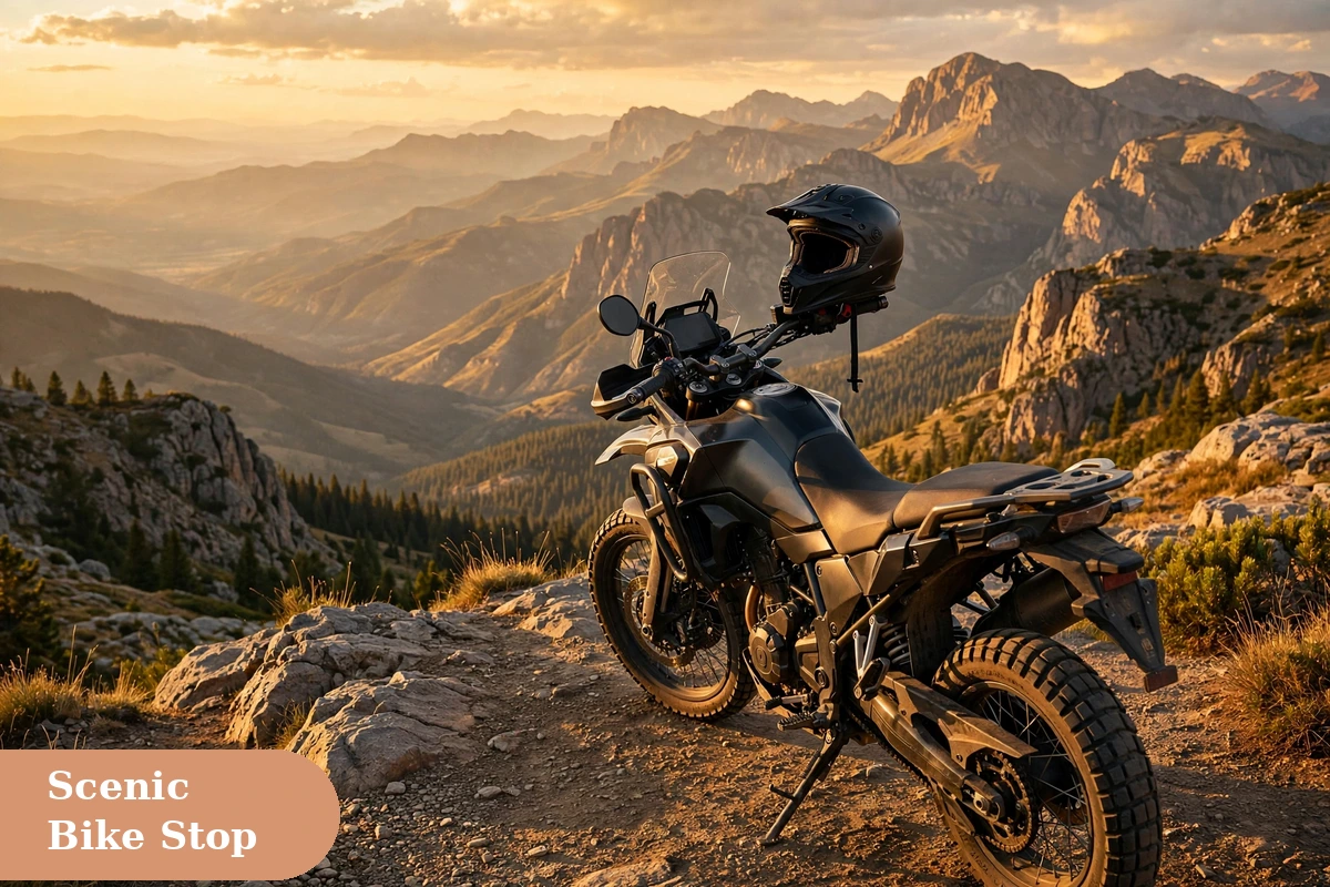 bike captions for instagram with a motorcycle parked at a scenic mountain viewpoint at sunset