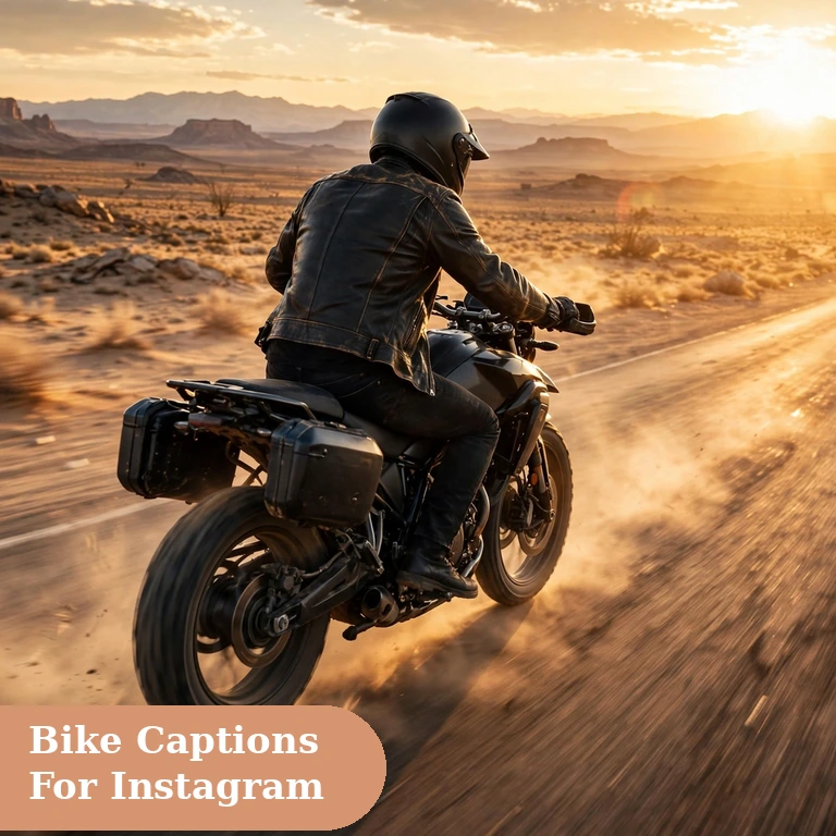 bike captions for instagram featured image of a motorcycle rider cruising a desert road at golden hour
