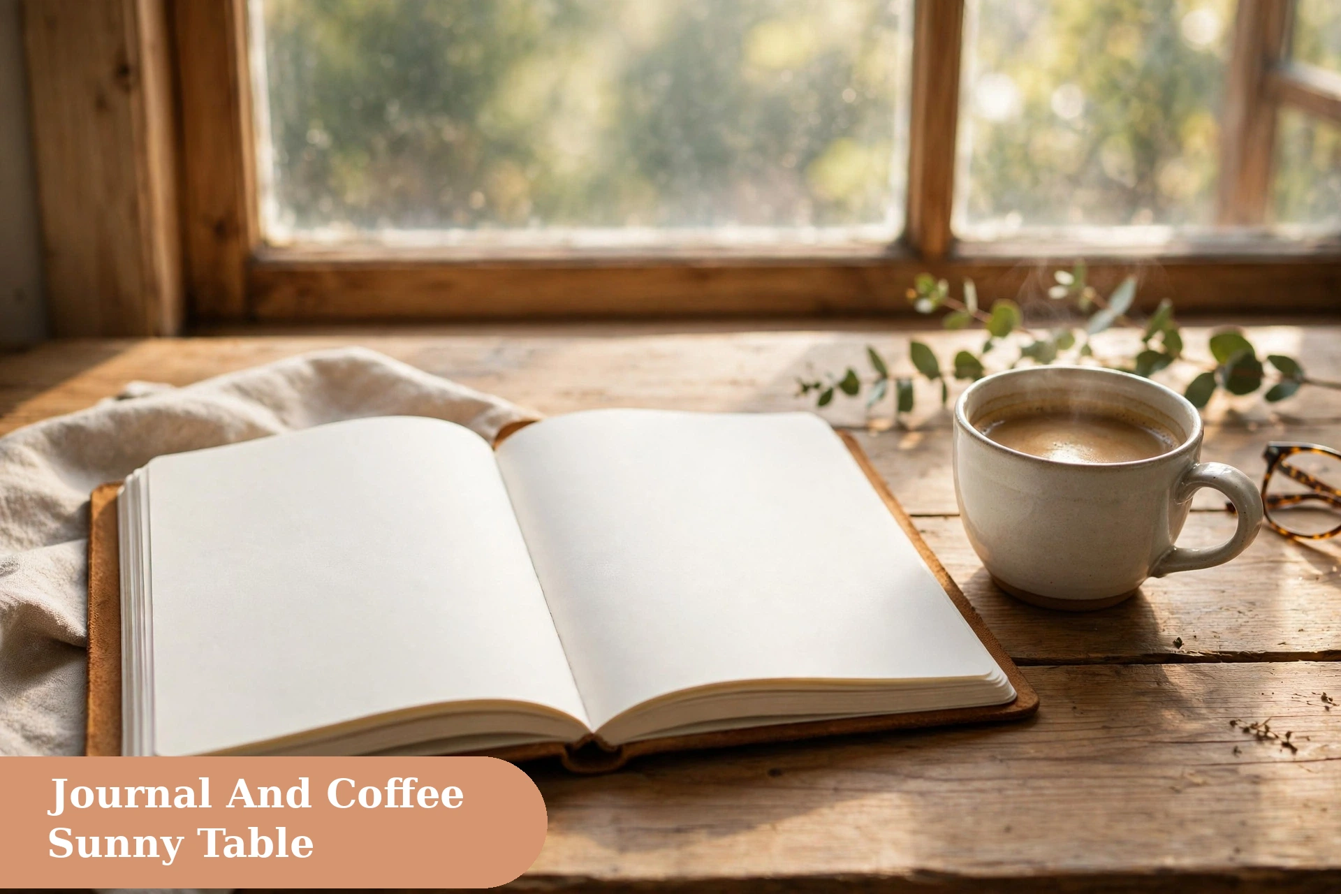 Blessed captions for instagram with an open journal and coffee on a sunny table