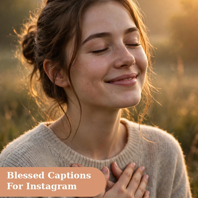 Blessed captions for instagram featured image with a grateful woman smiling at sunrise