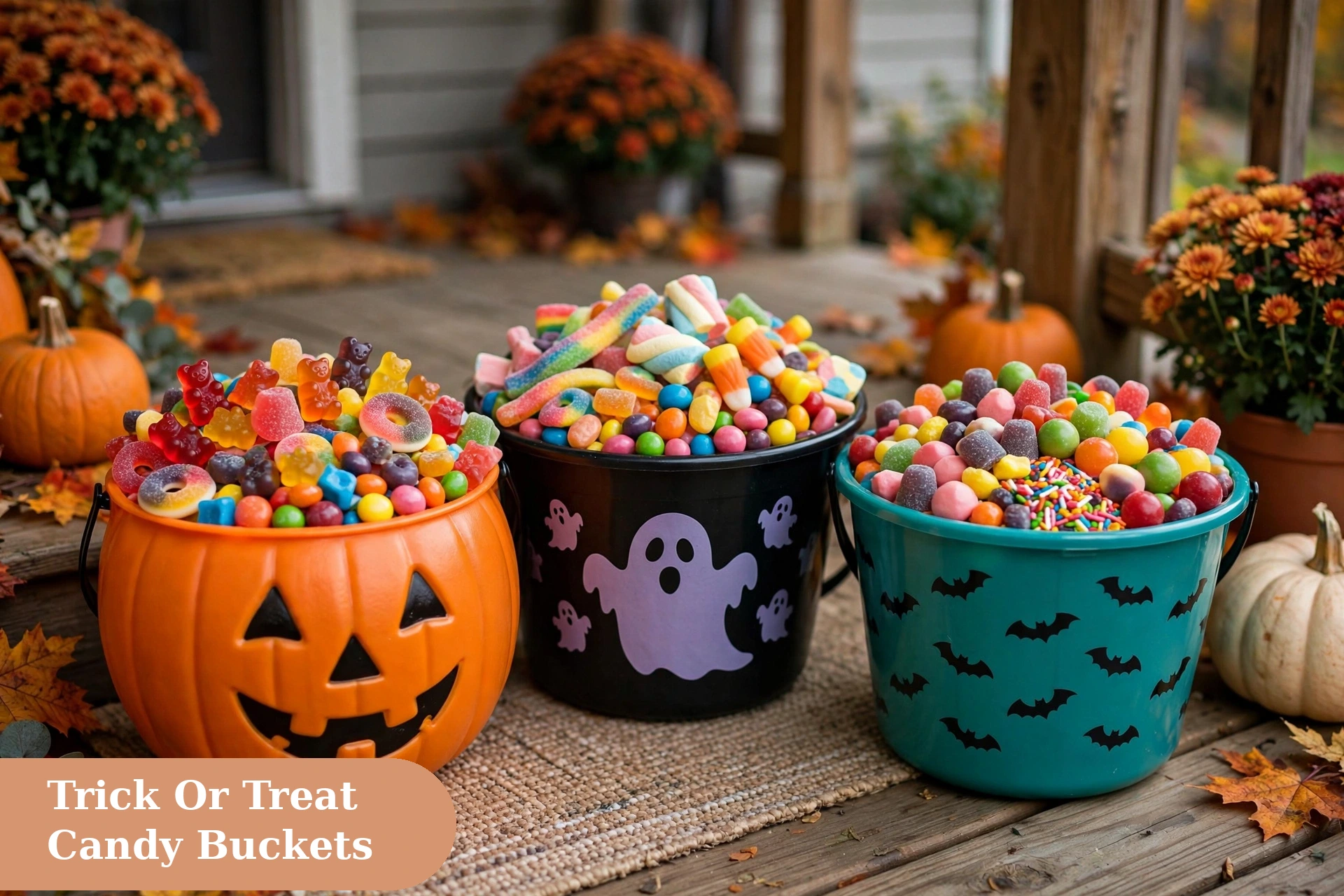 Candy captions for instagram with trick or treat buckets full of sweets