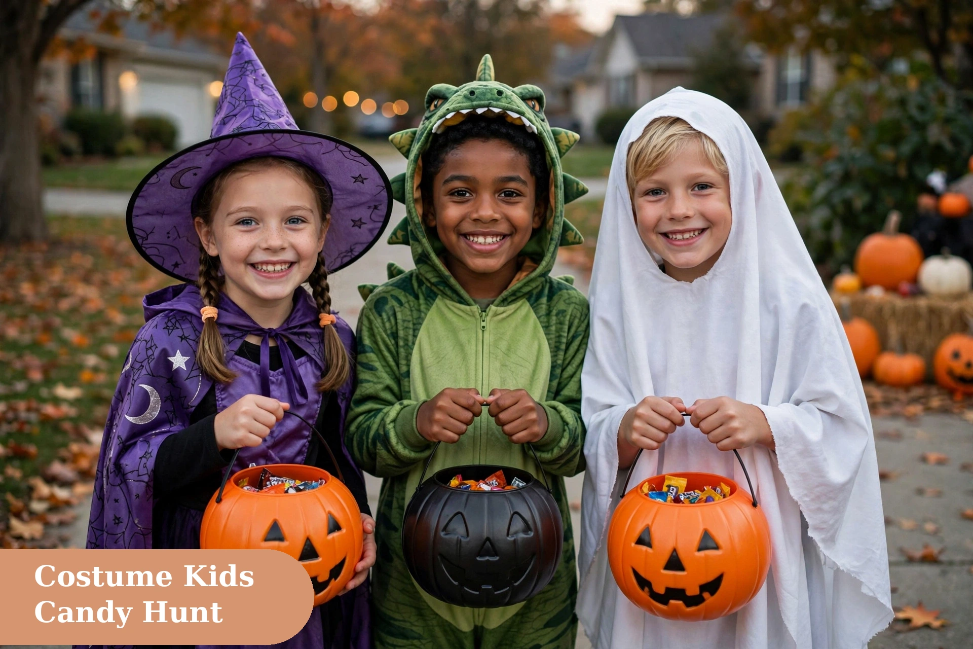 Candy captions for instagram with kids in costumes holding candy buckets