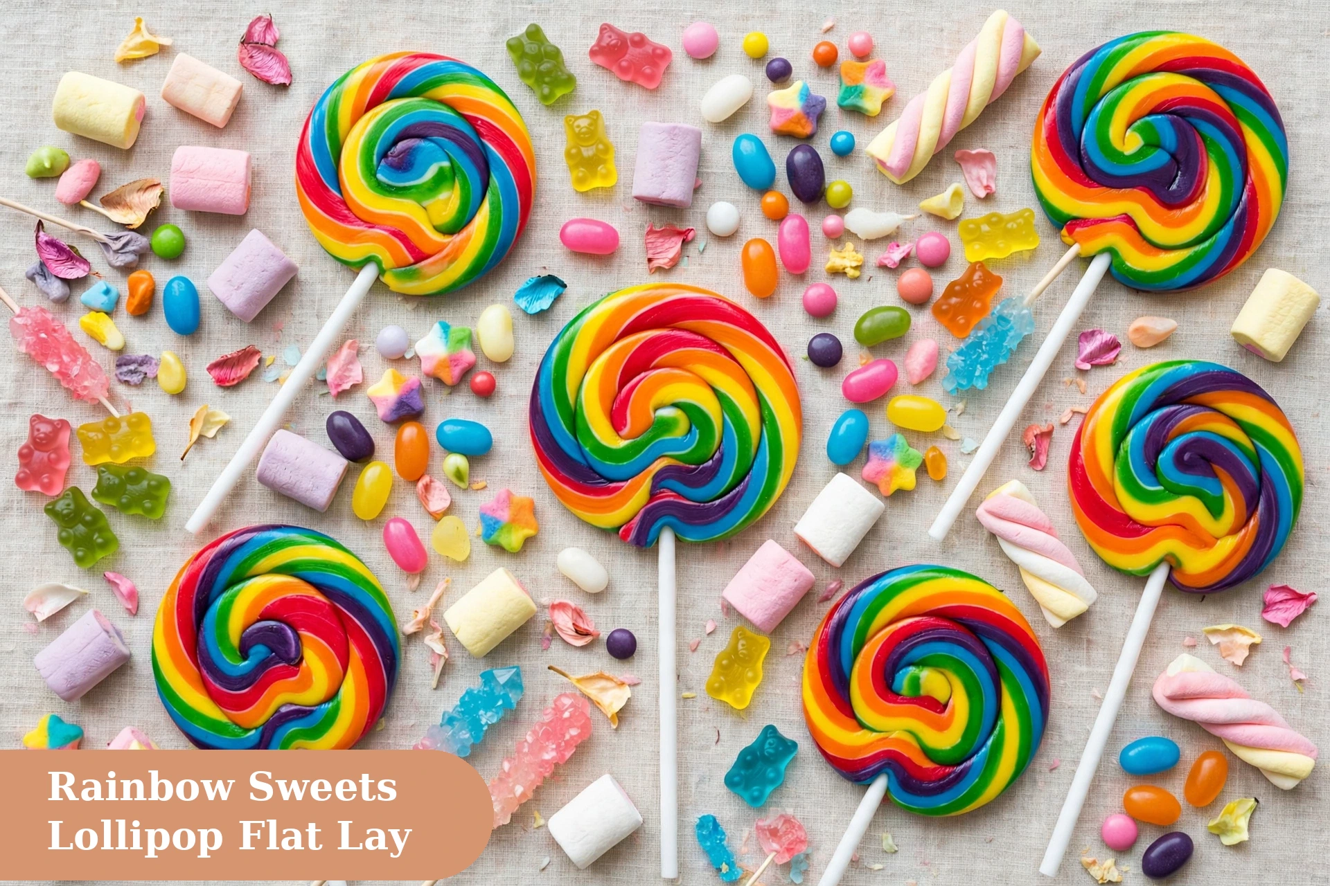 Candy captions for instagram with rainbow lollipops and colorful sweets flat lay