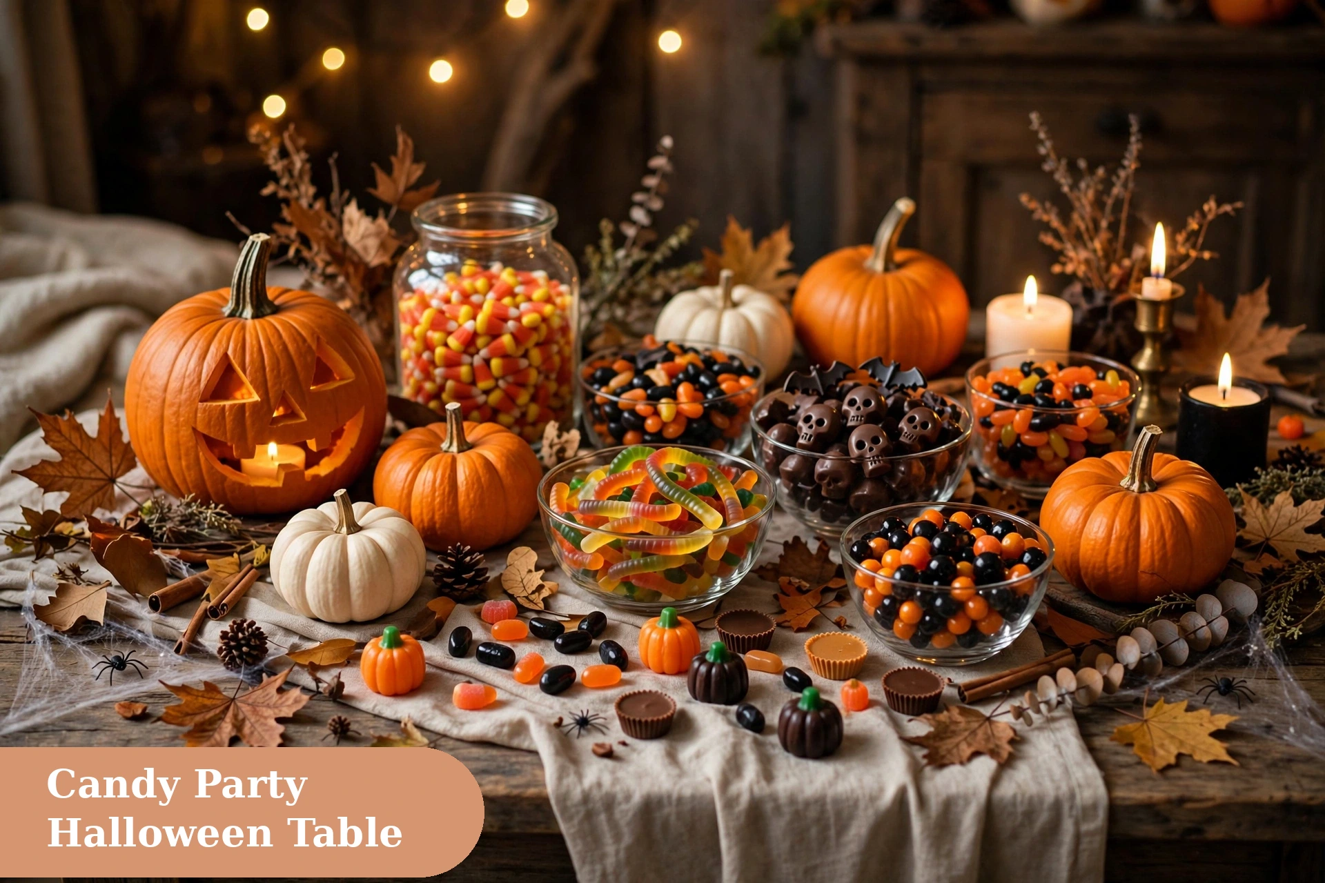 Candy captions for instagram with a Halloween party candy table and pumpkins