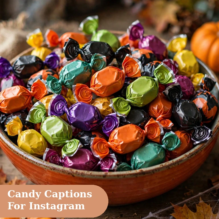 Candy captions for instagram featured image with a colorful Halloween candy bowl