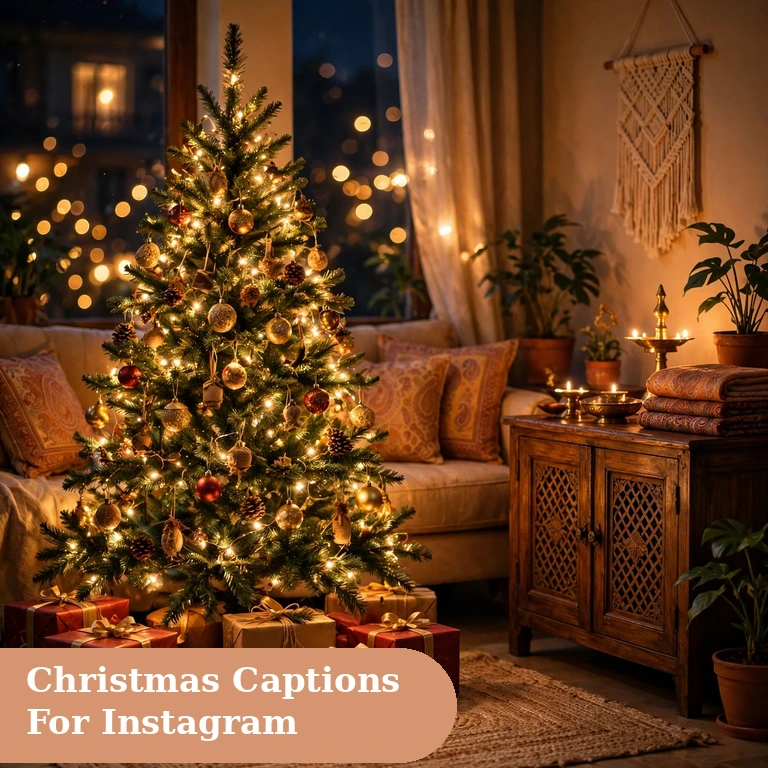 Best christmas captions for instagram featured image with a glowing decorated Christmas tree