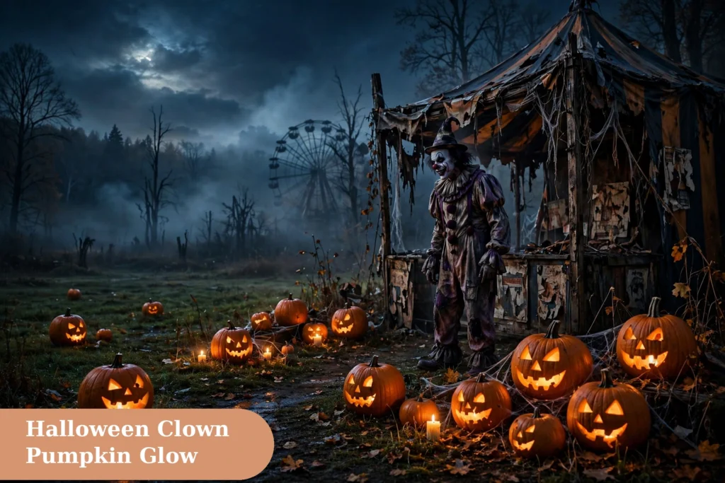 Clown captions for instagram with a spooky Halloween clown scene and pumpkin glow