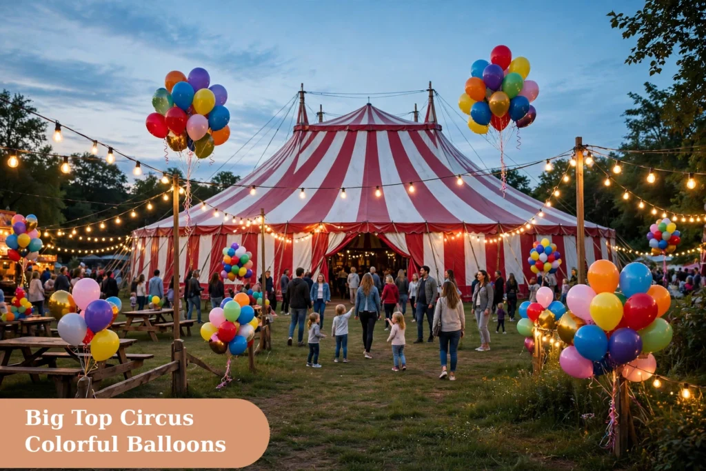 Clown captions for instagram with a big top circus scene and colorful balloons
