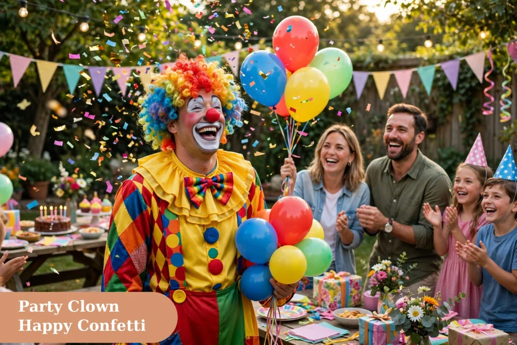 Clown captions for instagram with a happy birthday party clown scene and confetti