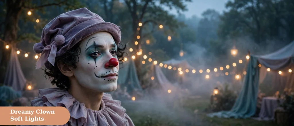 Clown captions for instagram with a dreamy aesthetic clown portrait under soft lights