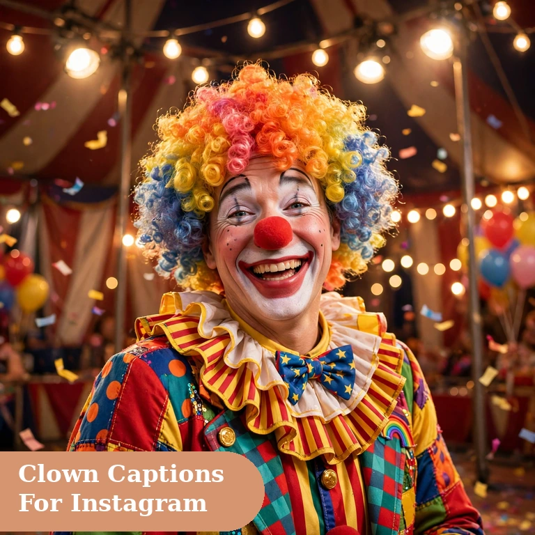 Clown captions for instagram featured image with a cheerful clown scene under circus lights