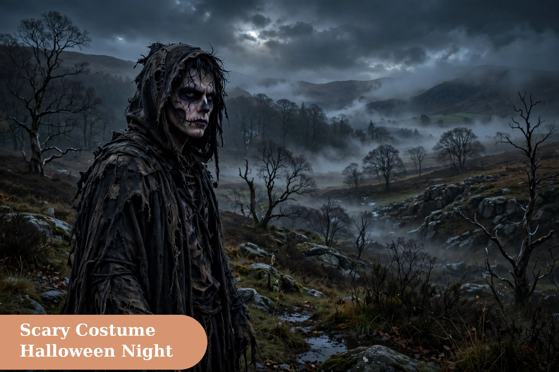 Costume captions for instagram with a scary costume and dramatic Halloween makeup