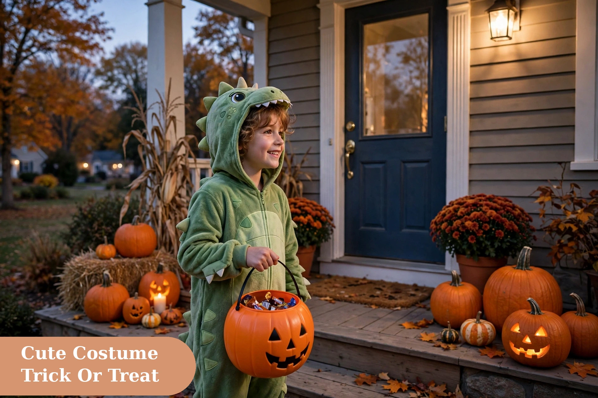 Costume captions for instagram with a cute costume at a trick or treat door