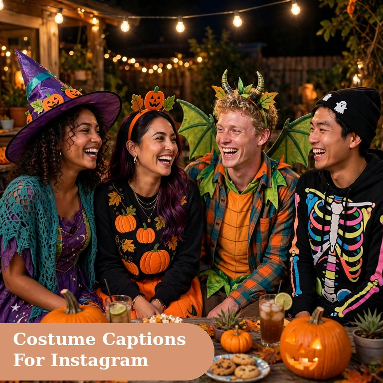 Costume captions for instagram featured image with friends in Halloween costumes at a party