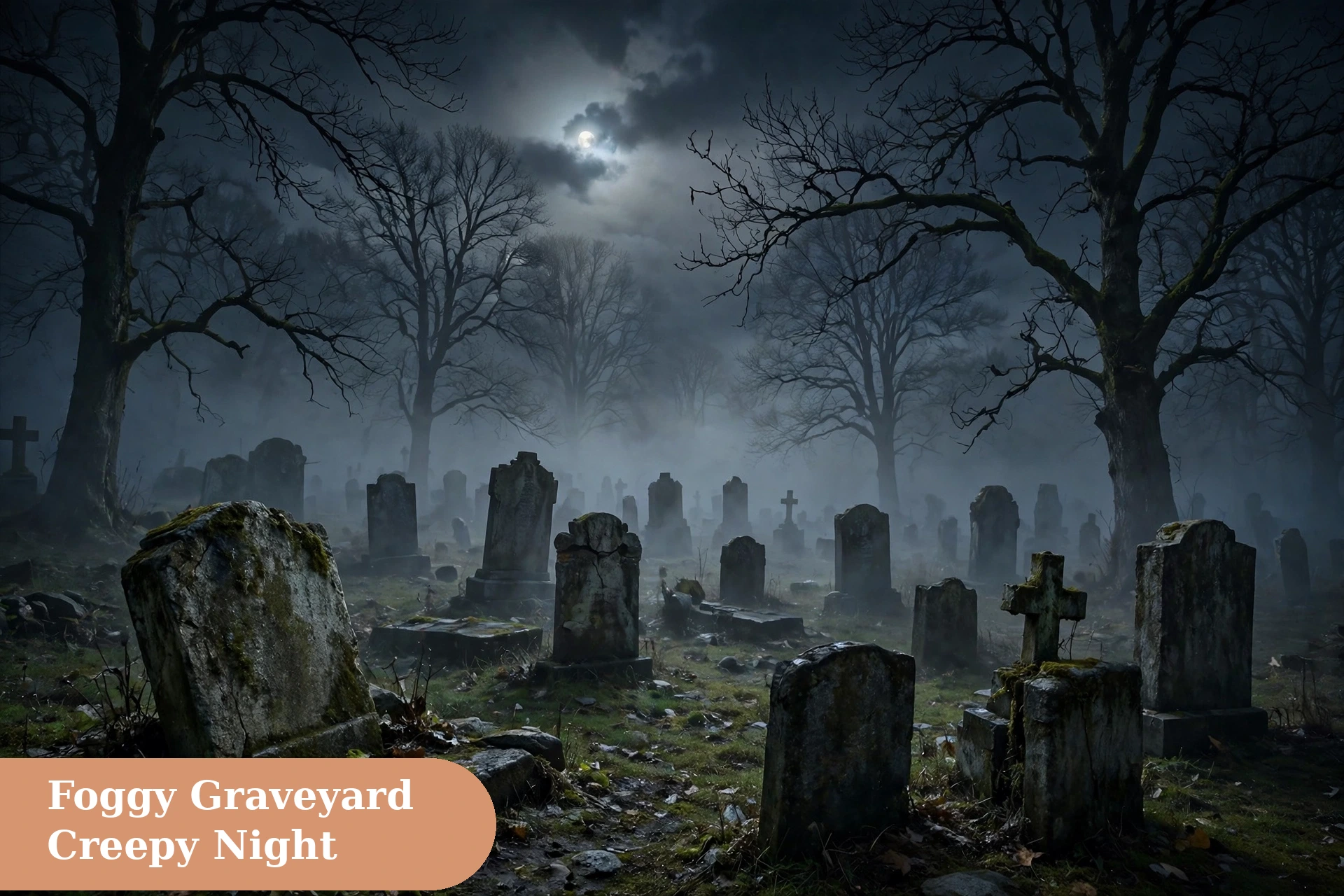 Creepy captions for instagram with a foggy graveyard on a dark night