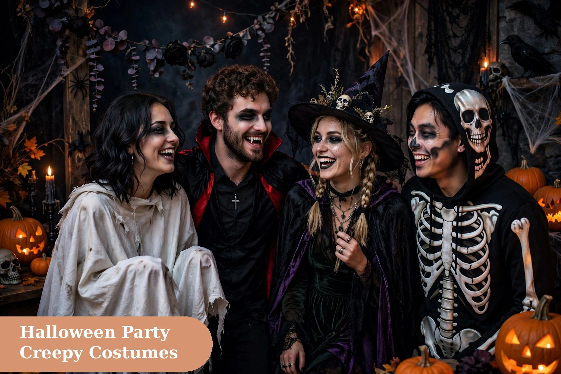 Creepy captions for instagram with friends in creepy costumes at a Halloween party