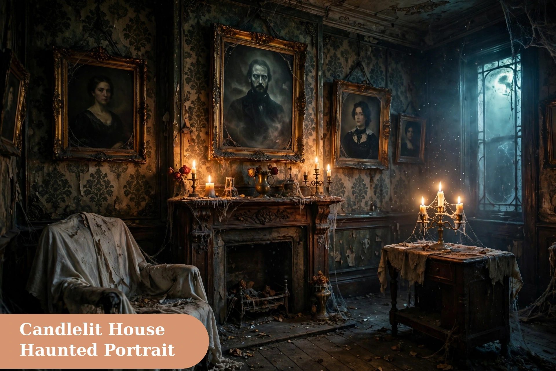 Creepy captions for instagram with a candlelit haunted portrait in an old house