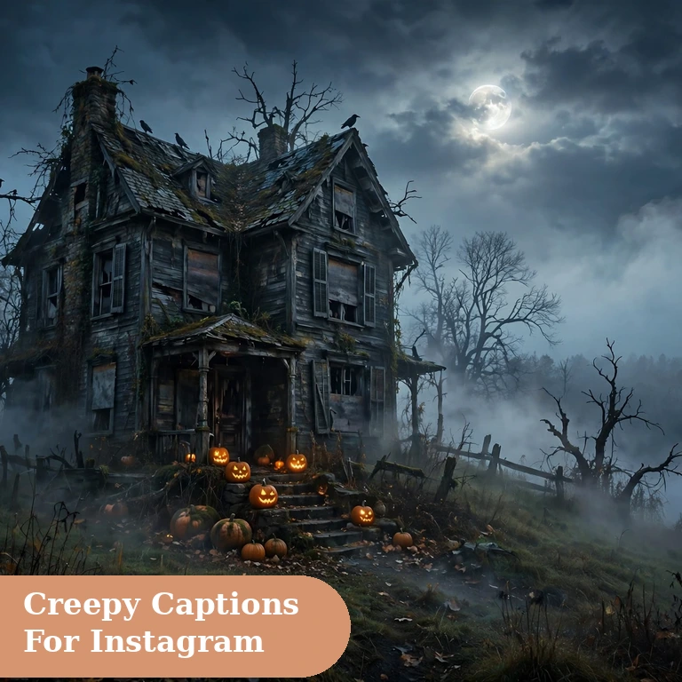 Creepy captions for instagram featured image with a spooky haunted scene under moonlight