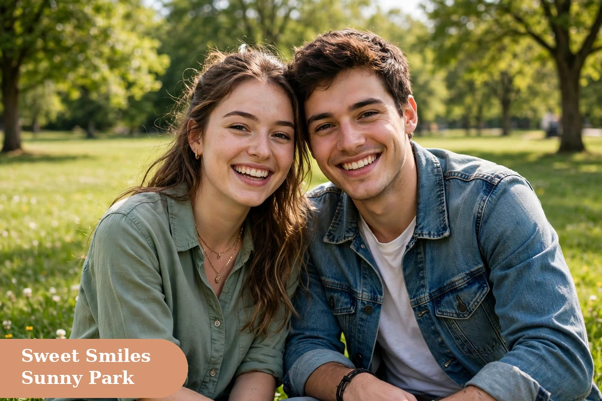 Cute captions for instagram with a happy couple smiling in a sunny park