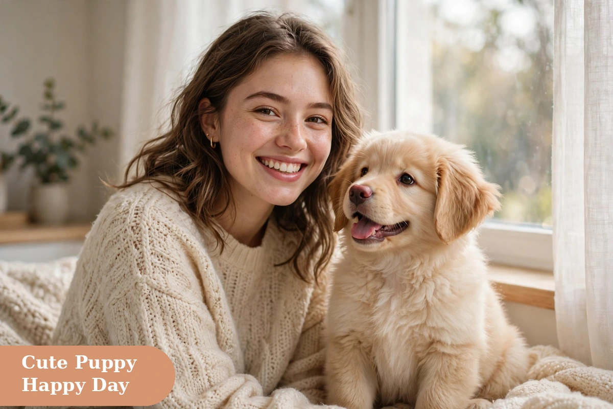 Cute captions for instagram with a cute puppy beside a smiling young woman